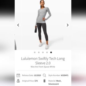 Lululemon Swiftly Tech Long Sleeve Sz 2 We Are From Space White